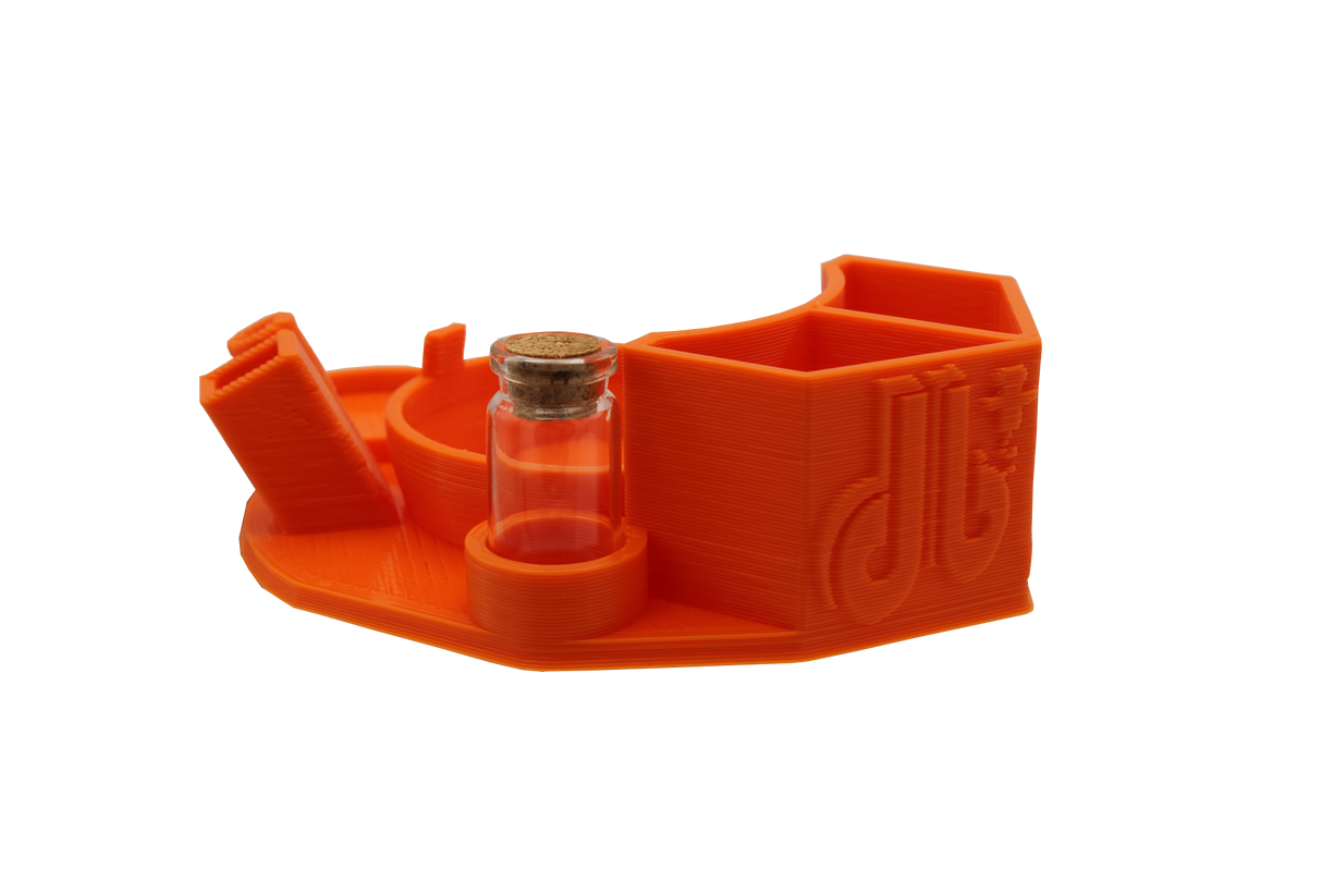 side view of the Dabber box dab station organizer in orange. A convenient way for a dabber to keep all their supplies handy in a neat and durable station. 
