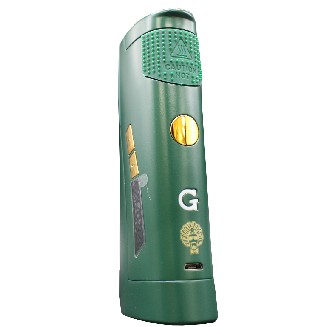 front view of the G pen roam vaporizer. Made with desktop concentrate vape performance in a portable form for ease of use and in a green and gold color scheme collaboration with Dr.Greenthumb.