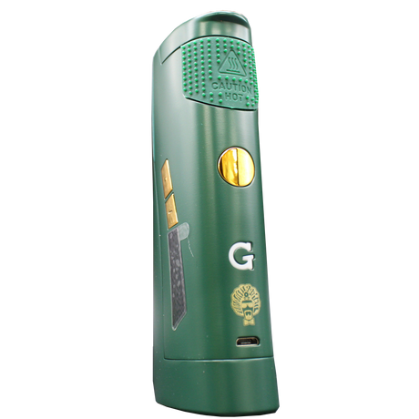 front view of the G pen roam vaporizer. Made with desktop concentrate vape performance in a portable form for ease of use and in a green and gold color scheme collaboration with Dr.Greenthumb.