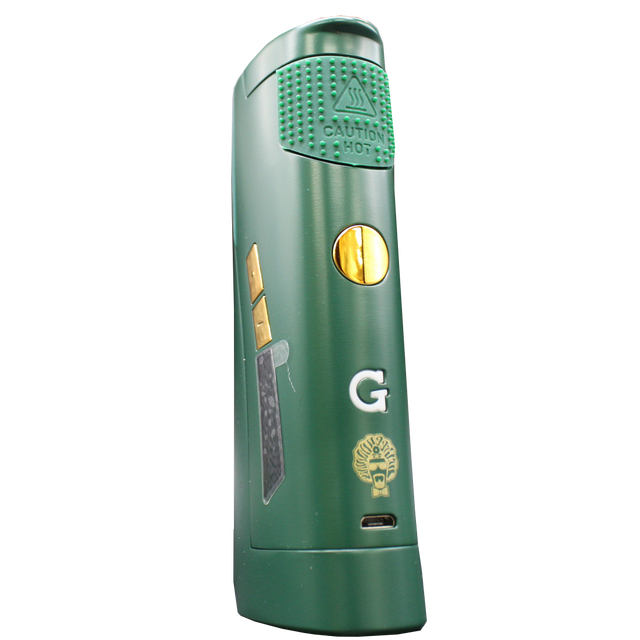 front view of the G pen roam vaporizer. Made with desktop concentrate vape performance in a portable form for ease of use and in a green and gold color scheme collaboration with Dr.Greenthumb.