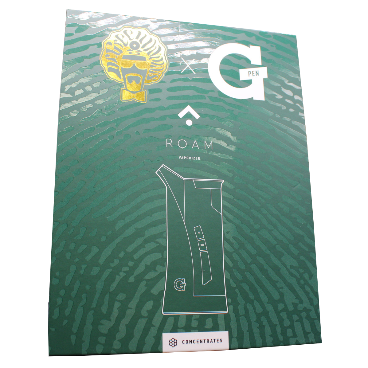 front package view of the G pen roam vaporizer. Made with desktop concentrate vape performance in a portable form for ease of use and in a green and gold color scheme collaboration with Dr.Greenthumb.