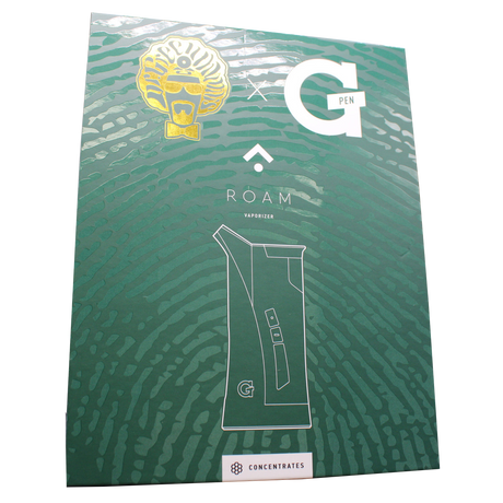 front package view of the G pen roam vaporizer. Made with desktop concentrate vape performance in a portable form for ease of use and in a green and gold color scheme collaboration with Dr.Greenthumb.