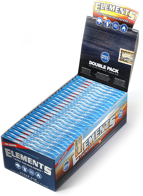 angled view of the Elements single wide papers display box. A well made and quality product for those wanting a steady calm smoke.