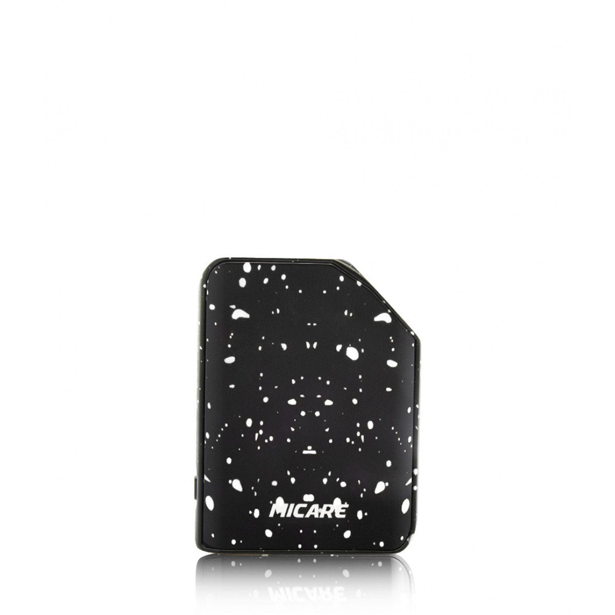 front view of the Exus Micare white splatter. A small ergonomic vaporizer with simple any stylish panels with performance and adjustable power.