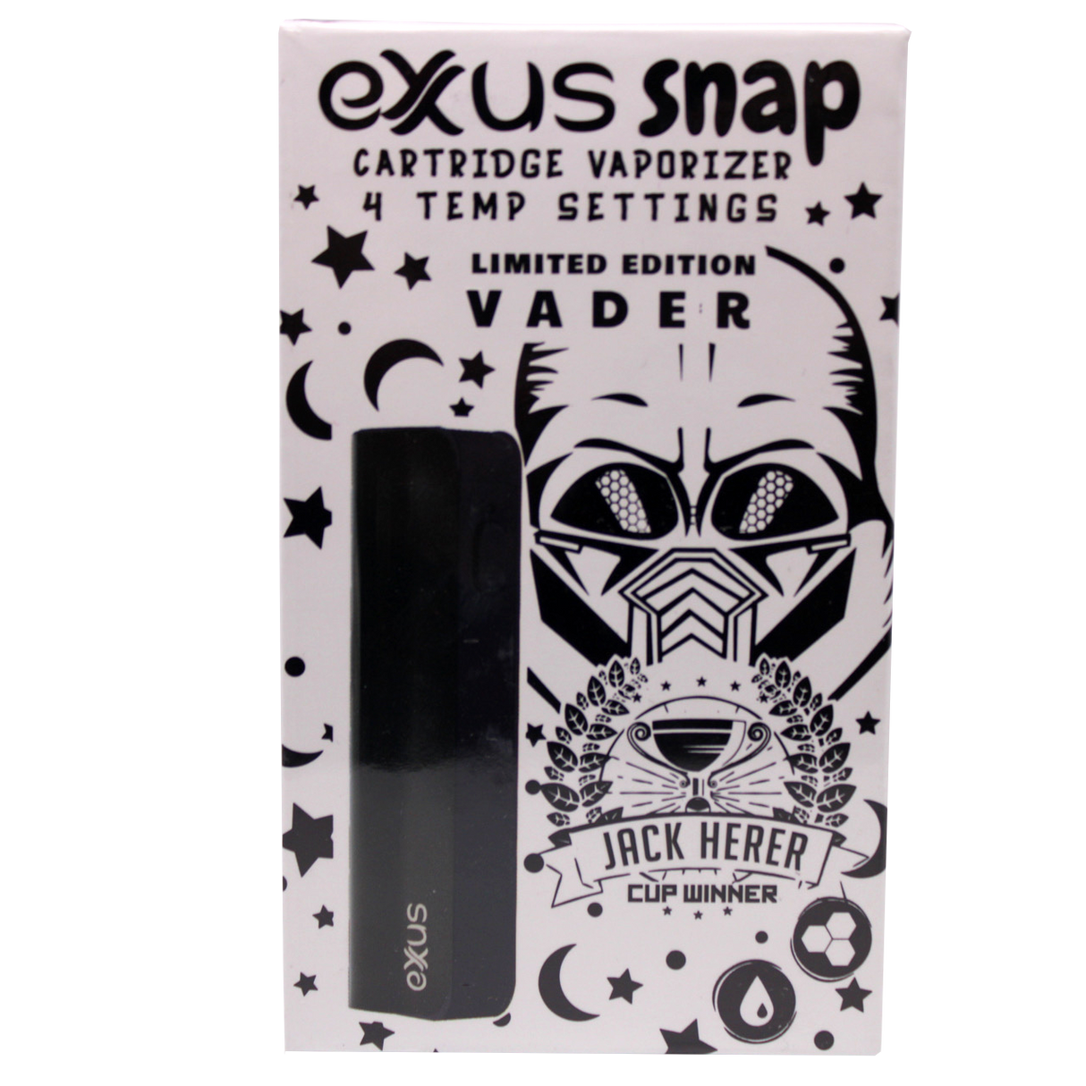 front view of the Exxus Snap VV vaporizer in black. This special edition vaporizer is in the iconic dark black of Vader's clothing.