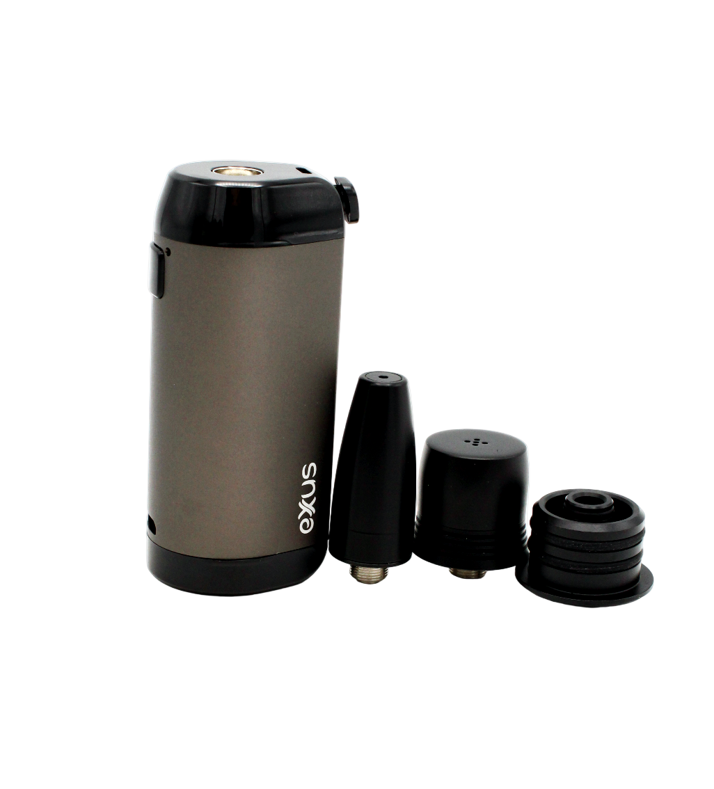 view of the Exxus VRS vaporizer and three of the available attachments for its multi-purpose use.