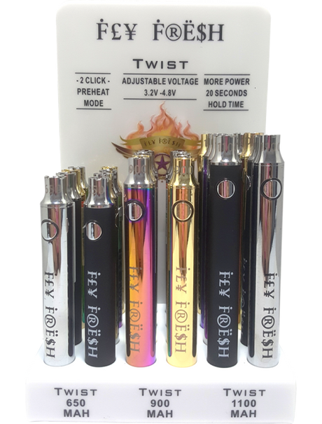 a front view of Fly Fresh Twist Battery display. A affordable product perfect for retail.
