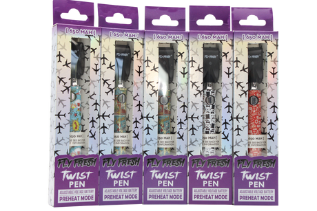 front view of multiple Fly fresh twist vaporizer batteries. showcased in multiple different styles.