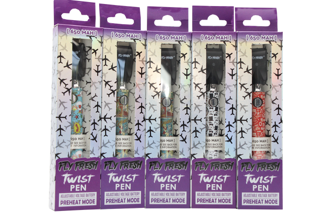 front view of multiple Fly fresh twist vaporizer batteries. showcased in multiple different styles.