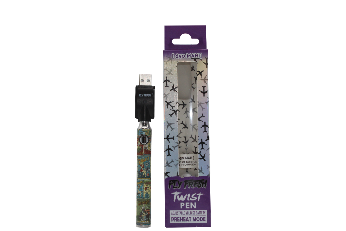 front view of the fly fresh twist vaporizer pen made for long time use with a strong battery and a old wallpaper design