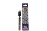 front view of the fly fresh twist vaporizer pen made for long time use with a strong battery and a old wallpaper design