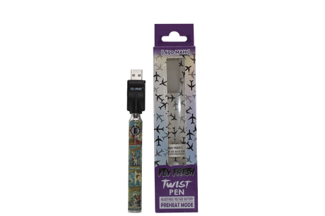 front view of the fly fresh twist vaporizer pen made for long time use with a strong battery and a old wallpaper design
