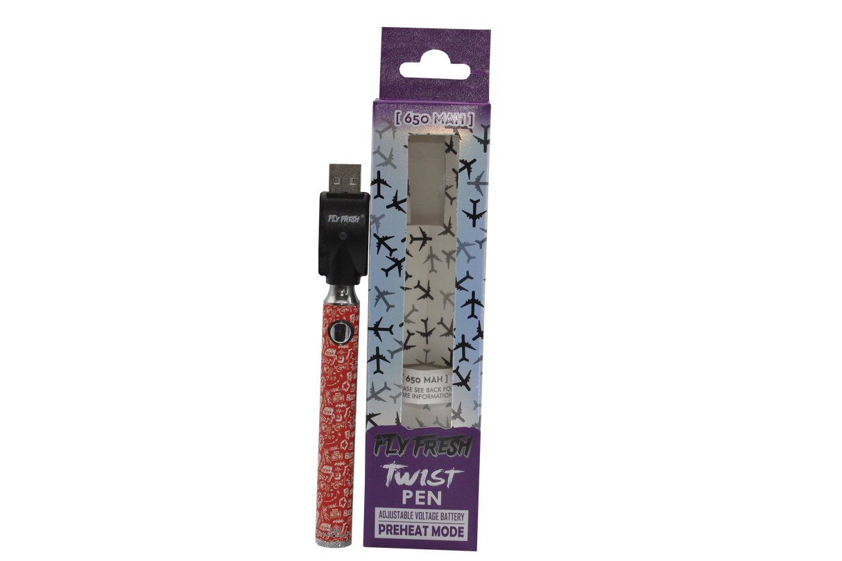 front view of the fly fresh twist vaporizer pen made for long time use with a strong battery and a red design