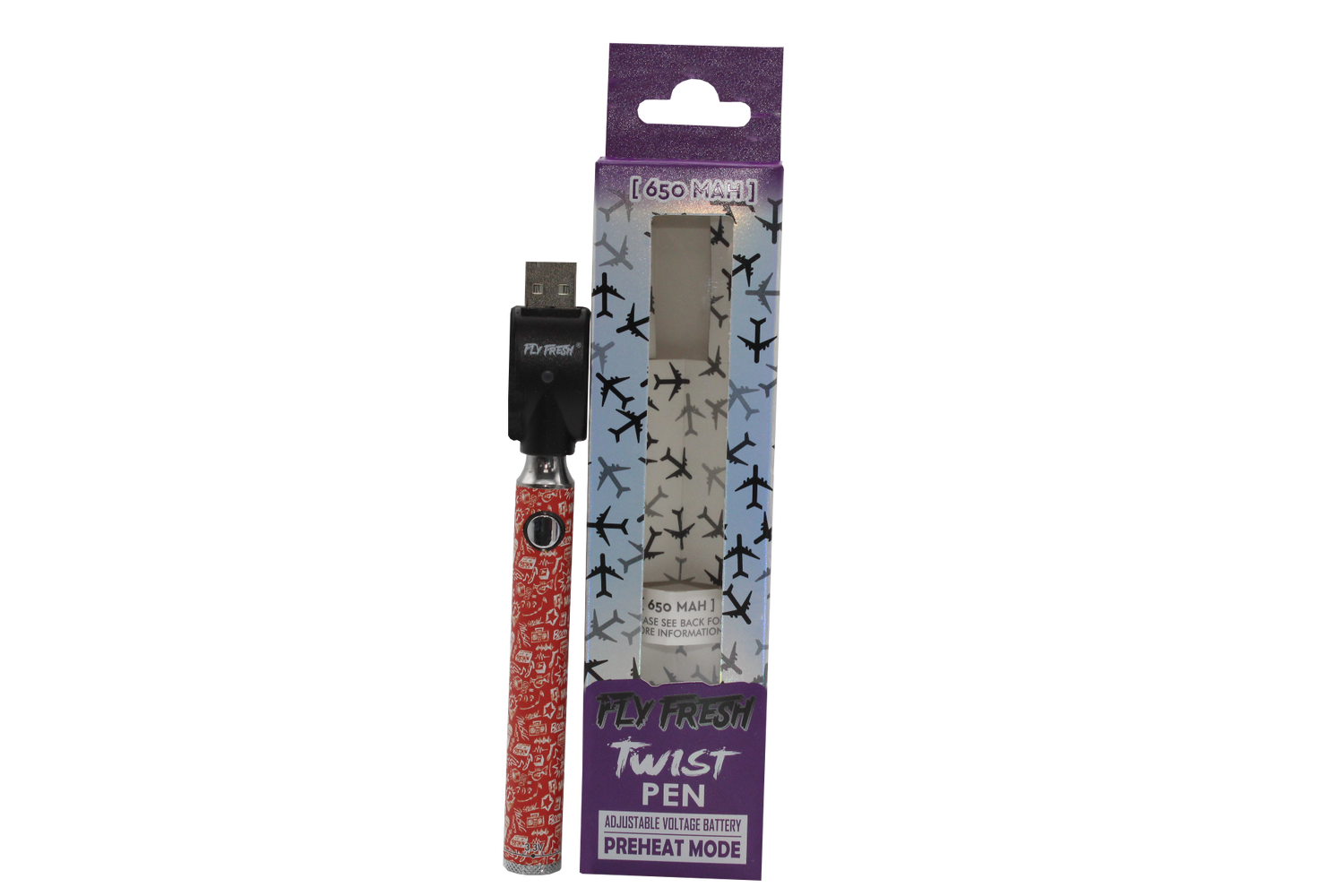 front view of the fly fresh twist vaporizer pen made for long time use with a strong battery and a red design