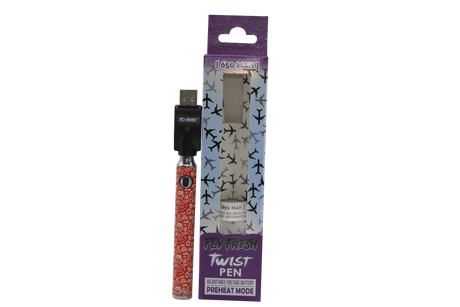 front view of the fly fresh twist vaporizer pen made for long time use with a strong battery and a red design