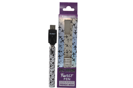 front view of the fly fresh twist vaporizer pen made for long time use with a strong battery and a top hat mustache design