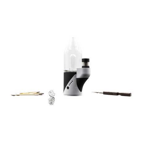 view of the Focus V Carta and all the components in the package. A modern dab rig with power and portability for your dabbing experience.