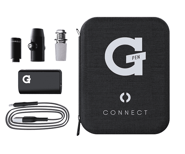 top view of the G pen Connect and all its components with storage case. A novel product with Reverse Airflow technology to product pure flavorful vapor from your concentrates.