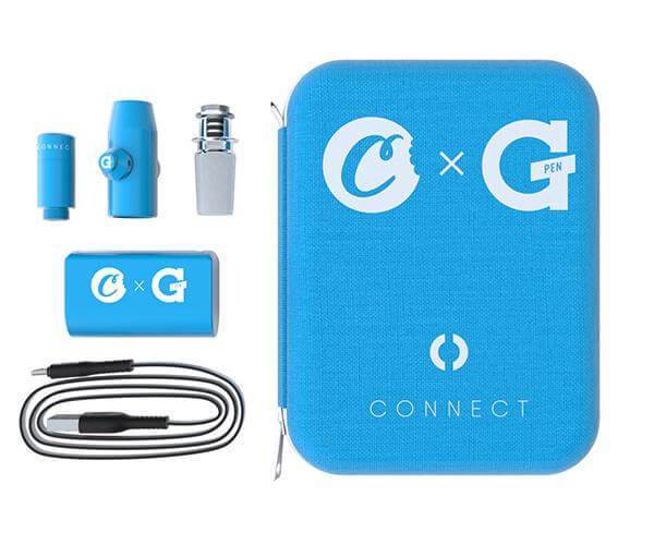 top view of the blue and white G pen Connect Cookies collaboration and all its components with storage case. A novel product with spring loaded carb release button for instant airflow management.
