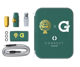 top view of the green and gold G pen Connect Dr. Green Thumb collaboration and all its components with storage case. A novel product with spring loaded carb release button for instant airflow management.