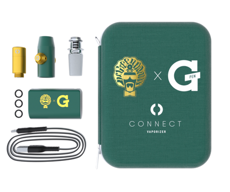 top view of the green and gold G pen Connect Dr. Green Thumb collaboration and all its components with storage case. A novel product with spring loaded carb release button for instant airflow management.