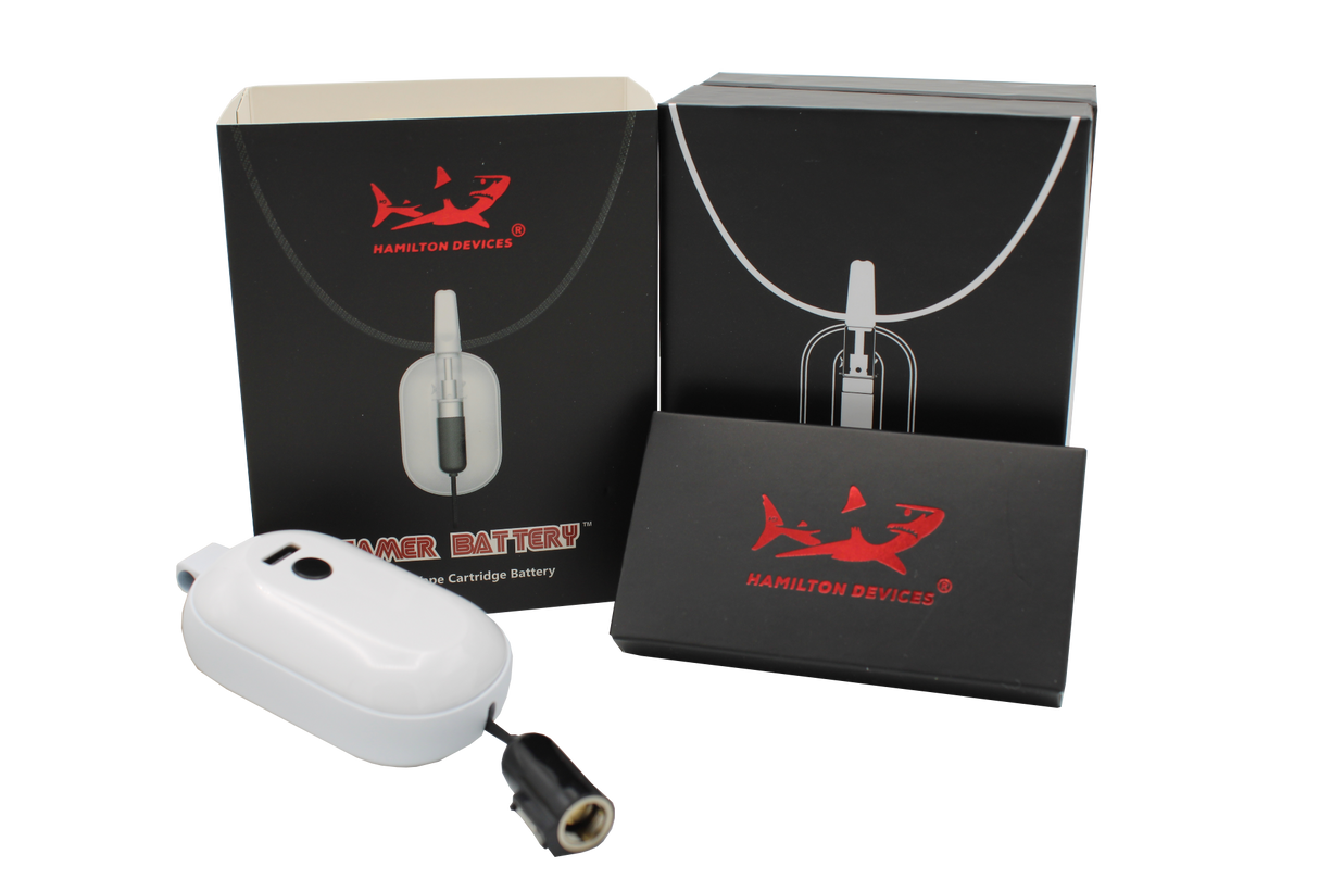 product view of the hamilton gamer battery. a vaporizer with a lanyard with perfectly adjusted to use while in your intense gaming sesh.
