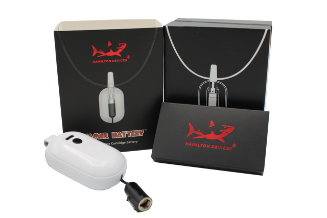 product view of the hamilton gamer battery. a vaporizer with a lanyard with perfectly adjusted to use while in your intense gaming sesh.