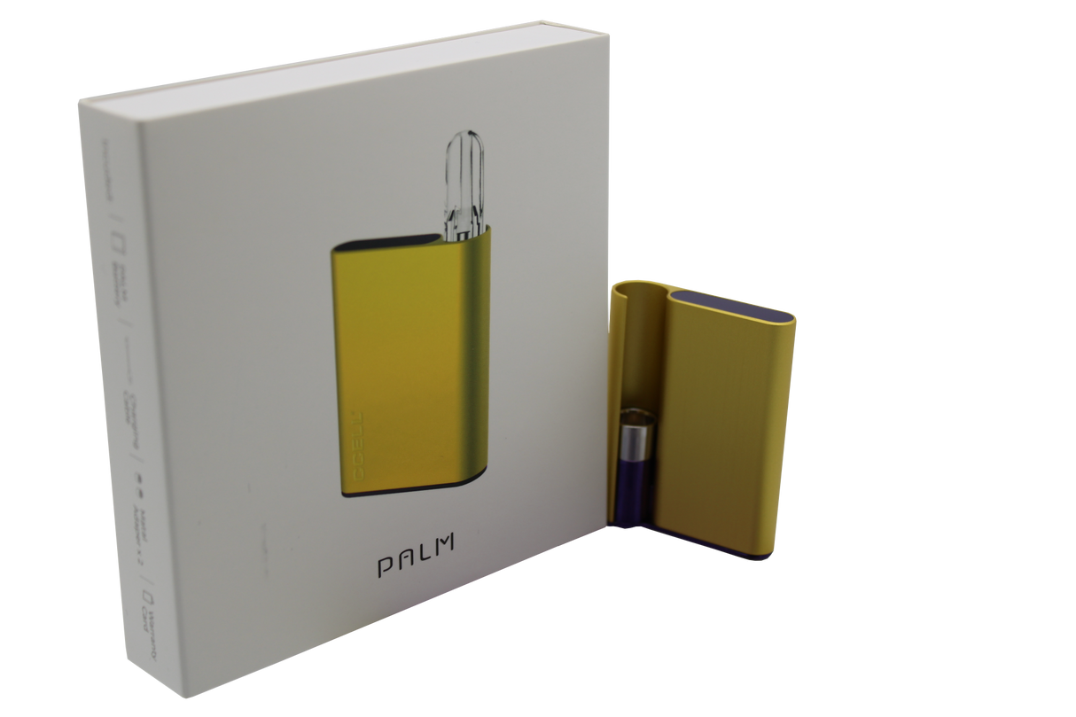 front view of the hamilton devices palm in yellow. a long lasting and premium feel vaporizer that fit in the palm for a lowkey experience on the go.