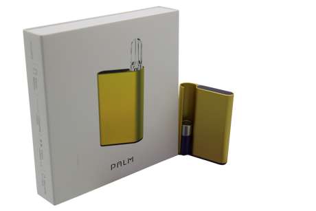 front view of the hamilton devices palm in yellow. a long lasting and premium feel vaporizer that fit in the palm for a lowkey experience on the go.