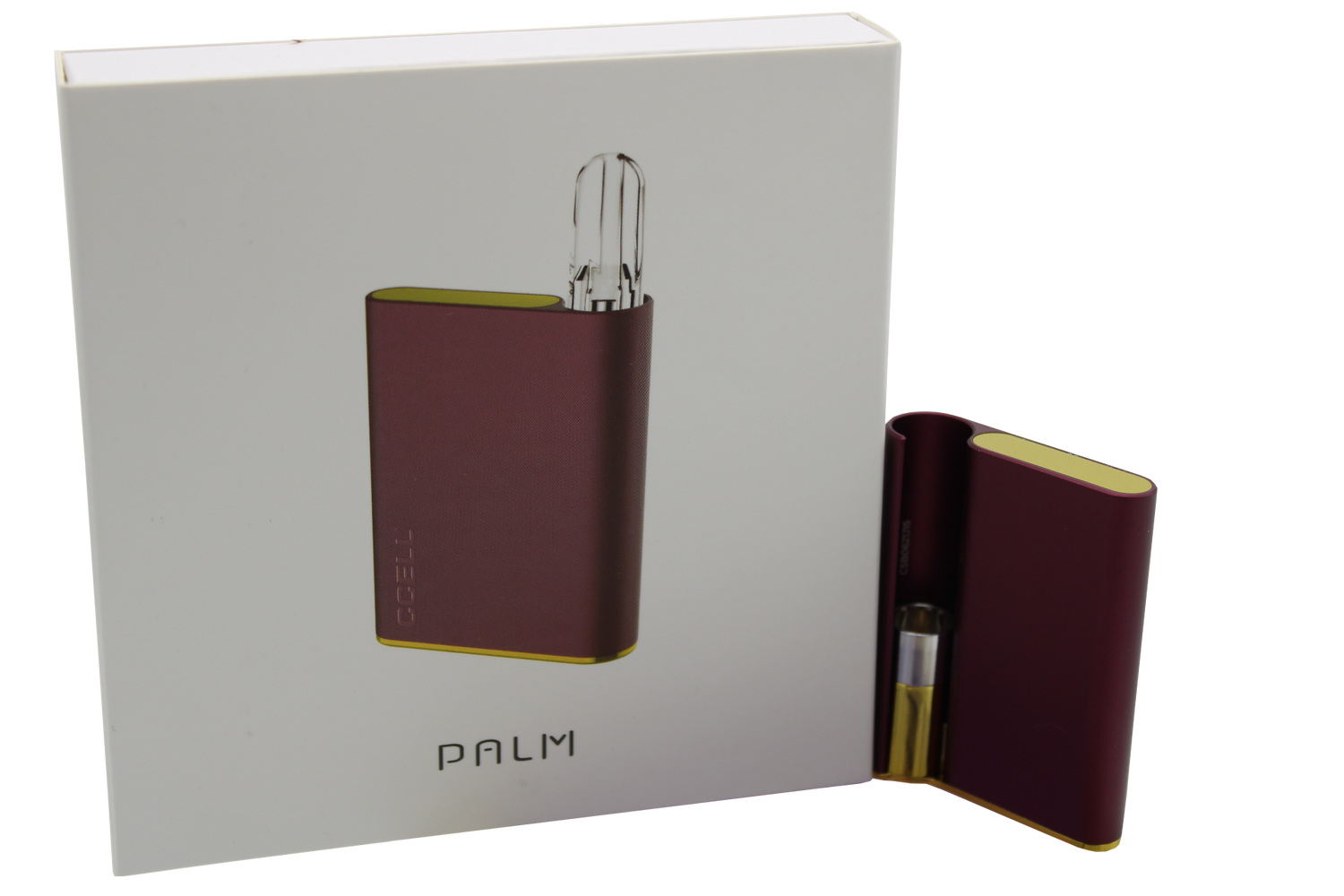 front view of the hamilton devices palm in a deep velvet red. a long lasting and premium feel vaporizer that fit in the palm for a lowkey experience on the go.