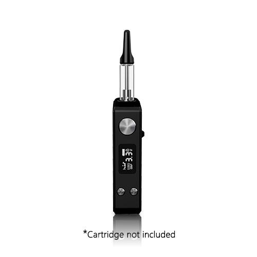  front profile view of the Hamilton Devices Shiv. a discrete and premium vaporizer, made from a rubberized alloy with a opening switch that allows for the cartridge to be stored safely. And its brushed metal buttons and LED screen.