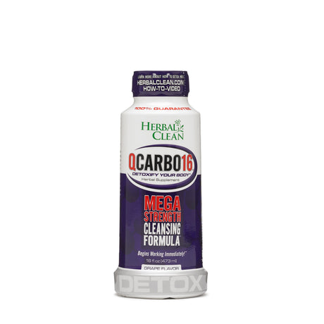 front view of the herbal clean QCarbo16 grape flavored detox. A high strength detox drink for removing body toxins quickly.