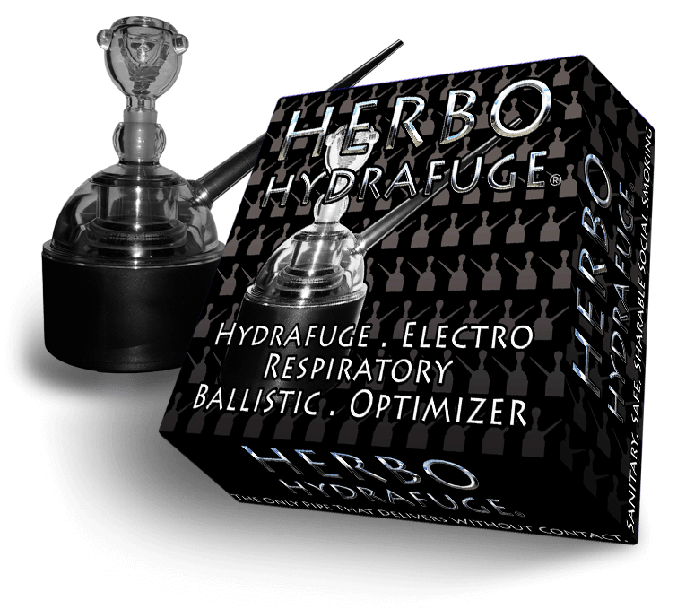 full view of the Herbo Hydrapuge packaging and product. A waterpipe allowing for a smooth experience with a contained water vessel and novel containment system.