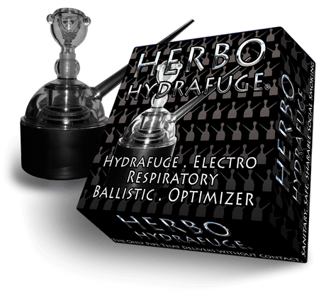 full view of the Herbo Hydrapuge packaging and product. A waterpipe allowing for a smooth experience with a contained water vessel and novel containment system.