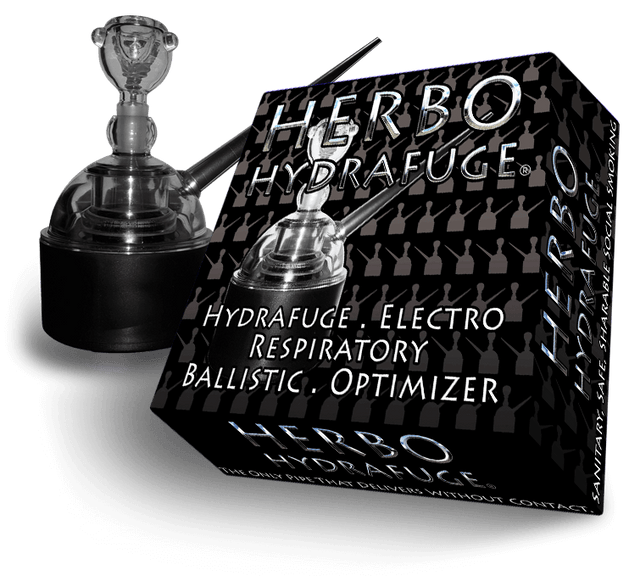 full view of the Herbo Hydrapuge packaging and product. A waterpipe allowing for a smooth experience with a contained water vessel and novel containment system.