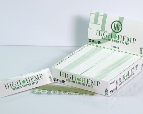 angled view of high hemp king size organic rolling paper box. A unique process to a high quality product by high hemp.