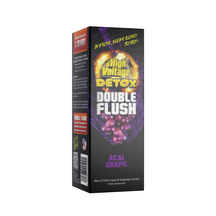 Front view of the HighVoltage Detox double flush in Acai Grape. a premium detox formula made with a two part system with a proprietary blend. It gives fact acting results in a few hours.