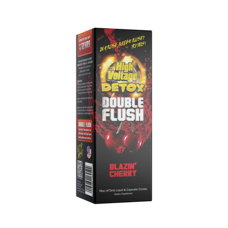 Front view of the HighVoltage Detox double flush in Blazin Cherry. a premium detox formula made with a two part system with a proprietary blend. It gives fact acting results in a few hours.