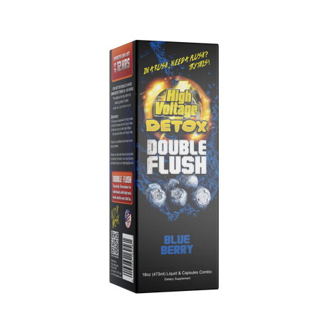Front view of the HighVoltage Detox double flush in Blue Berry. a premium detox formula made with a two part system with a proprietary blend. It gives fact acting results in a few hours.