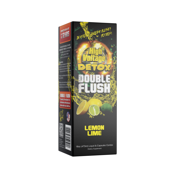Front view of the HighVoltage Detox double flush in Lemon Lime. a premium detox formula made with a two part system with a proprietary blend. It gives fact acting results in a few hours.