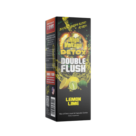 Front view of the HighVoltage Detox double flush in Lemon Lime. a premium detox formula made with a two part system with a proprietary blend. It gives fact acting results in a few hours.