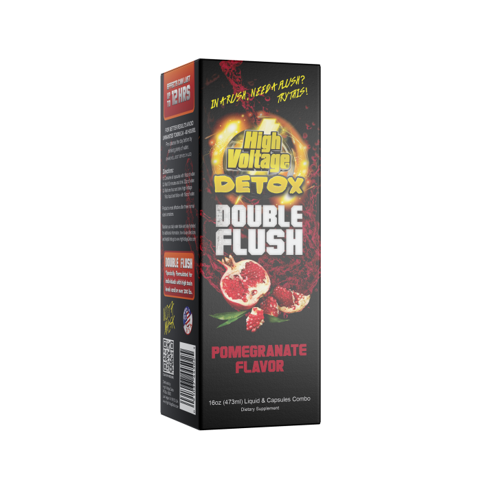 Front view of the HighVoltage Detox double flush in Pomegranate. a premium detox formula made with a two part system with a proprietary blend. It gives fact acting results in a few hours.