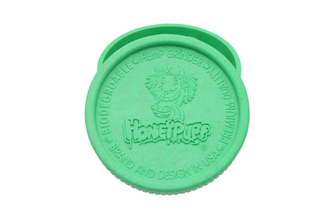 top view of the Honeypuff 56mm Biodegradable green hemp grinder. A eco friendly grinder that is durable while being compact for everyday use. 