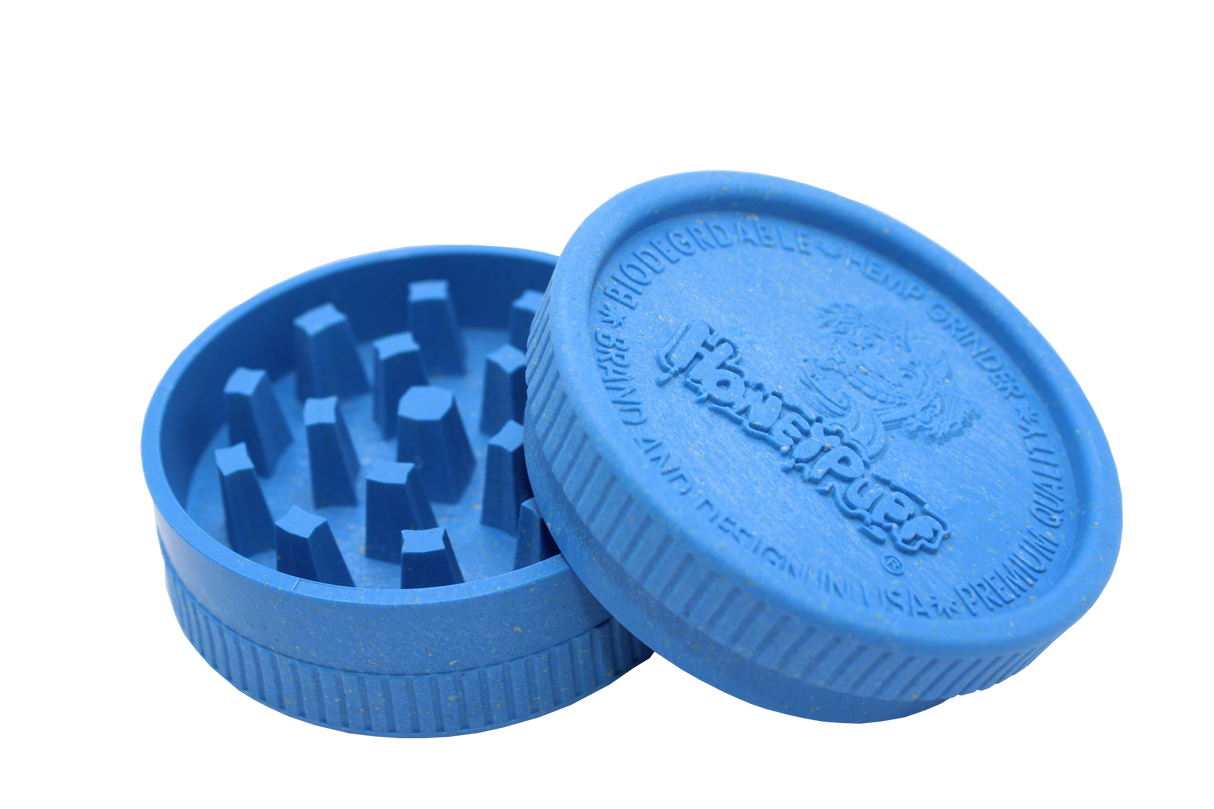side open view of the Honeypuff 56mm Biodegradable blue hemp grinder. A eco friendly grinder that is durable while being compact for everyday use. 
