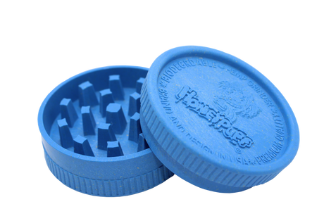 side open view of the Honeypuff 56mm Biodegradable blue hemp grinder. A eco friendly grinder that is durable while being compact for everyday use. 