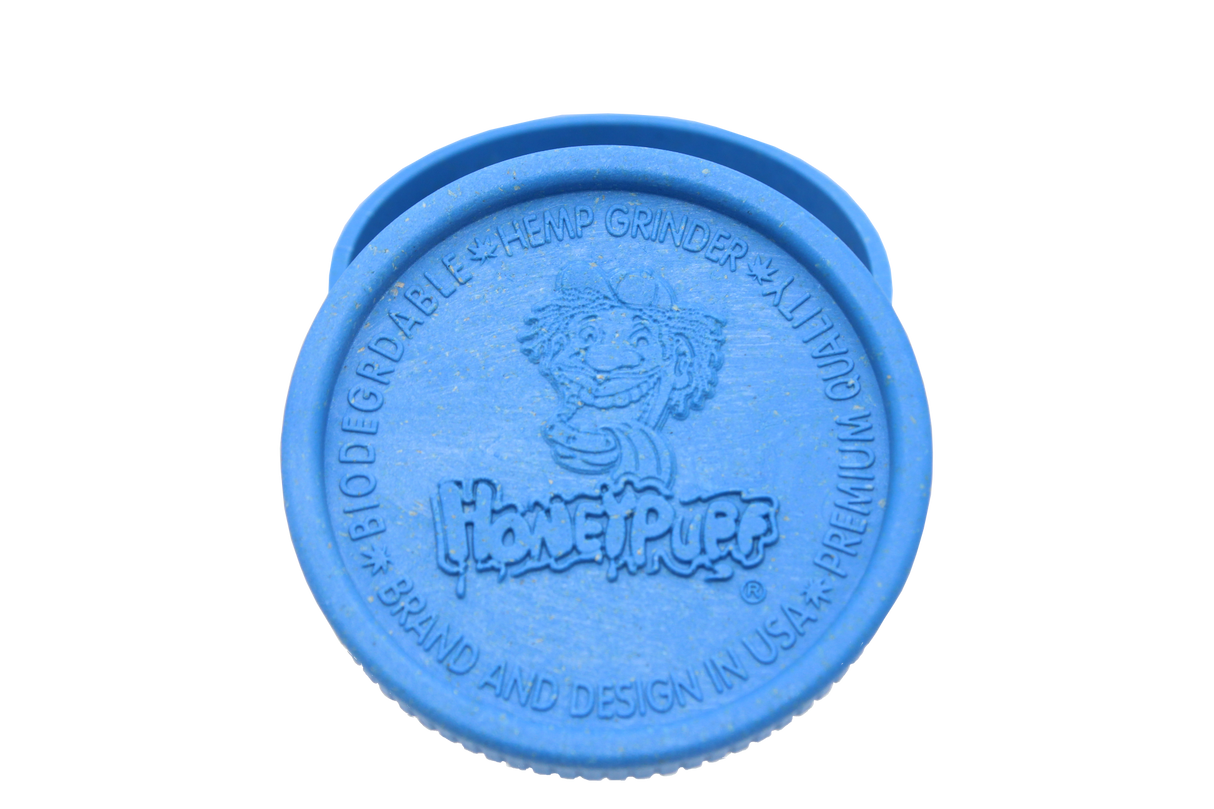 top view of the Honeypuff 56mm Biodegradable blue hemp grinder. A eco friendly grinder that is durable while being compact for everyday use. 