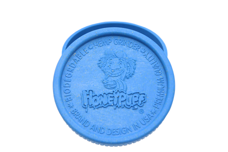 top view of the Honeypuff 56mm Biodegradable blue hemp grinder. A eco friendly grinder that is durable while being compact for everyday use. 