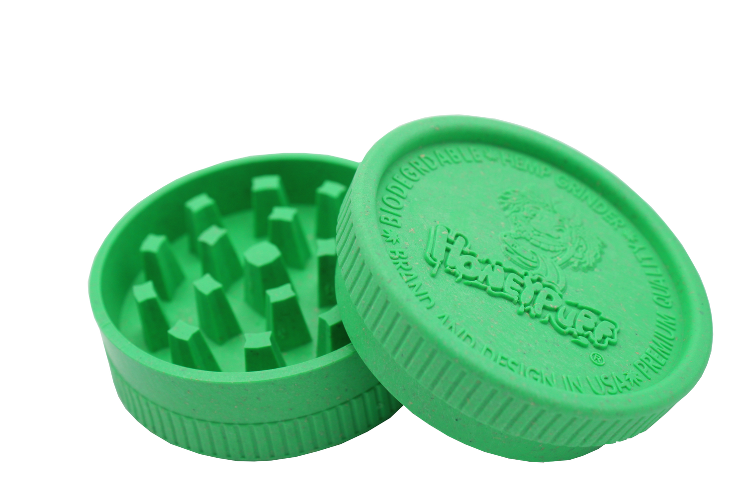 open view of the Honeypuff 56mm Biodegradable green hemp grinder. A eco friendly grinder that is durable while being compact for everyday use. 