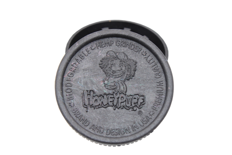 open view of the Honeypuff 56mm Biodegradable black hemp grinder. A eco friendly grinder that is durable while being compact for everyday use. 