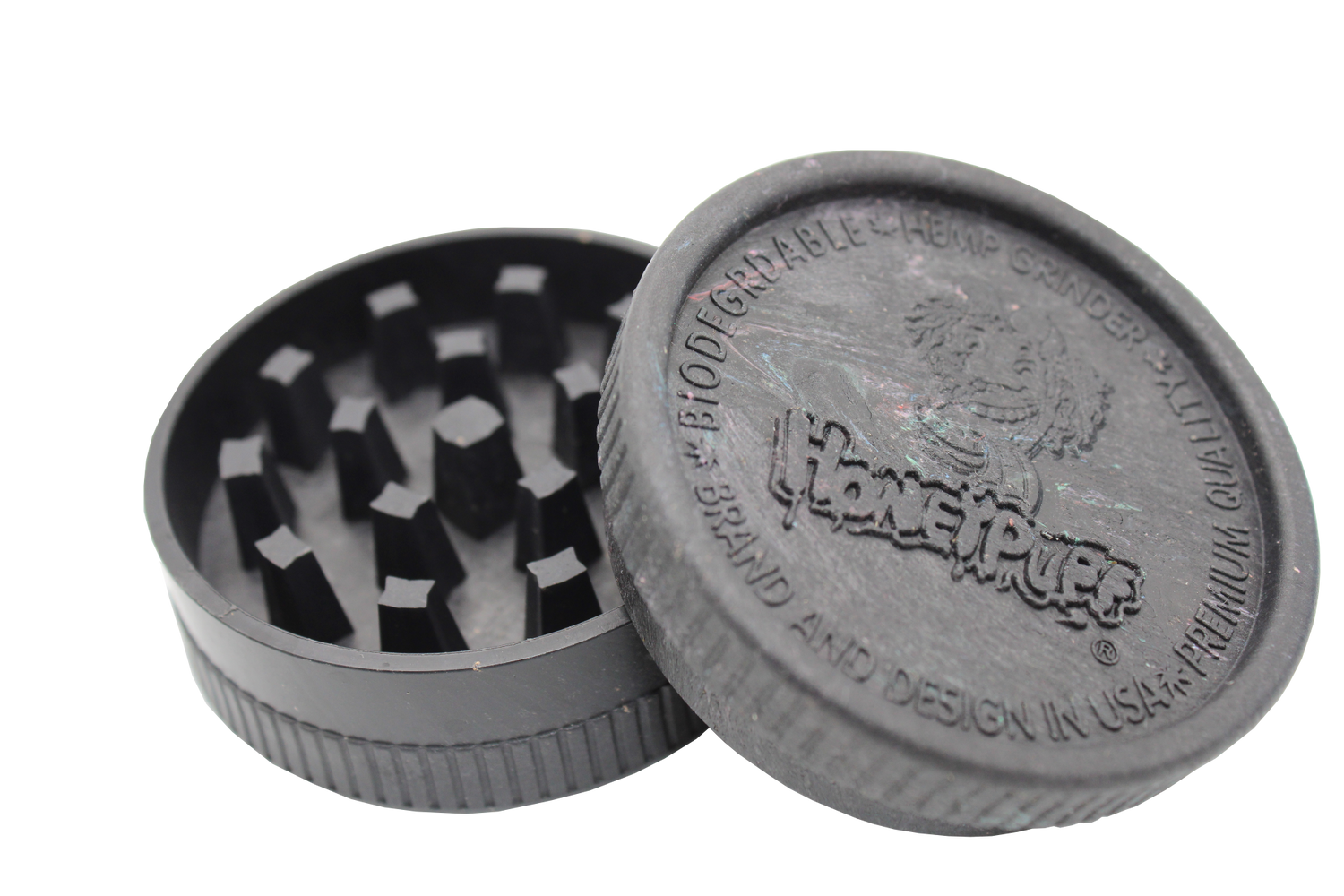 open view of the Honeypuff 56mm Biodegradable black hemp grinder. A eco friendly grinder that is durable while being compact for everyday use. 